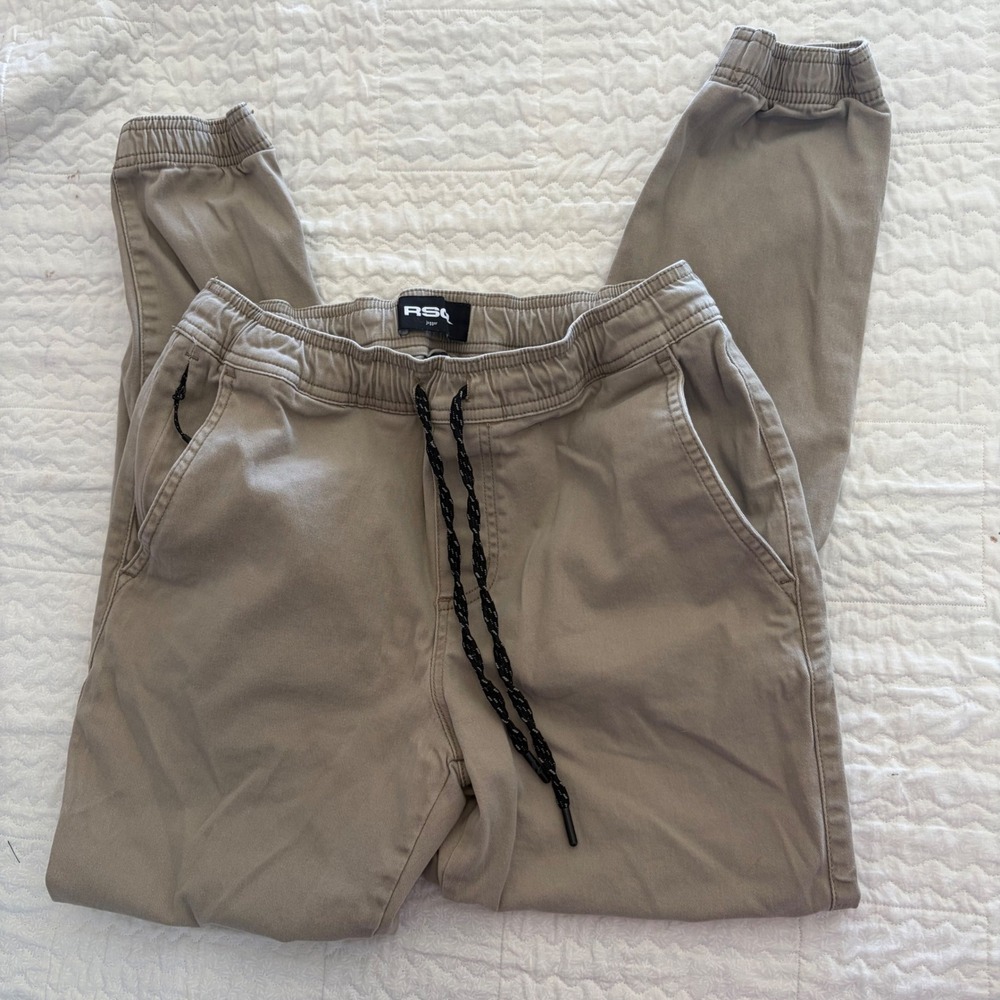 RSQ Mens Chino Jogger Pants Tan Khaki Elastic Waist Drawstring Size Small